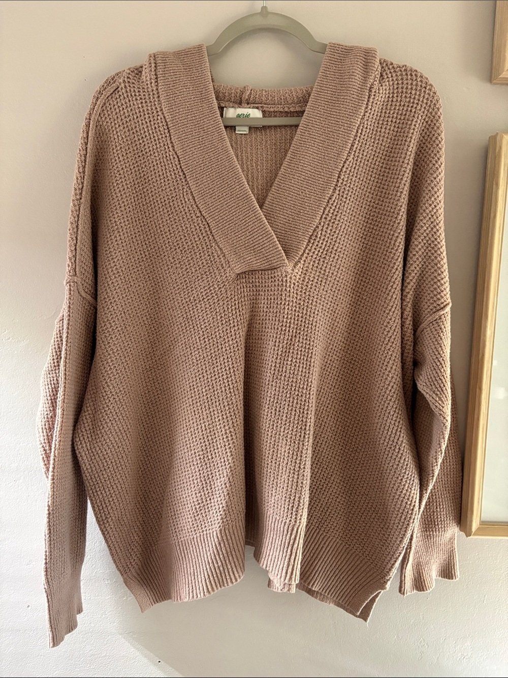 aerie Mauve-Taupe V-Neck Waffle Knit Sweater